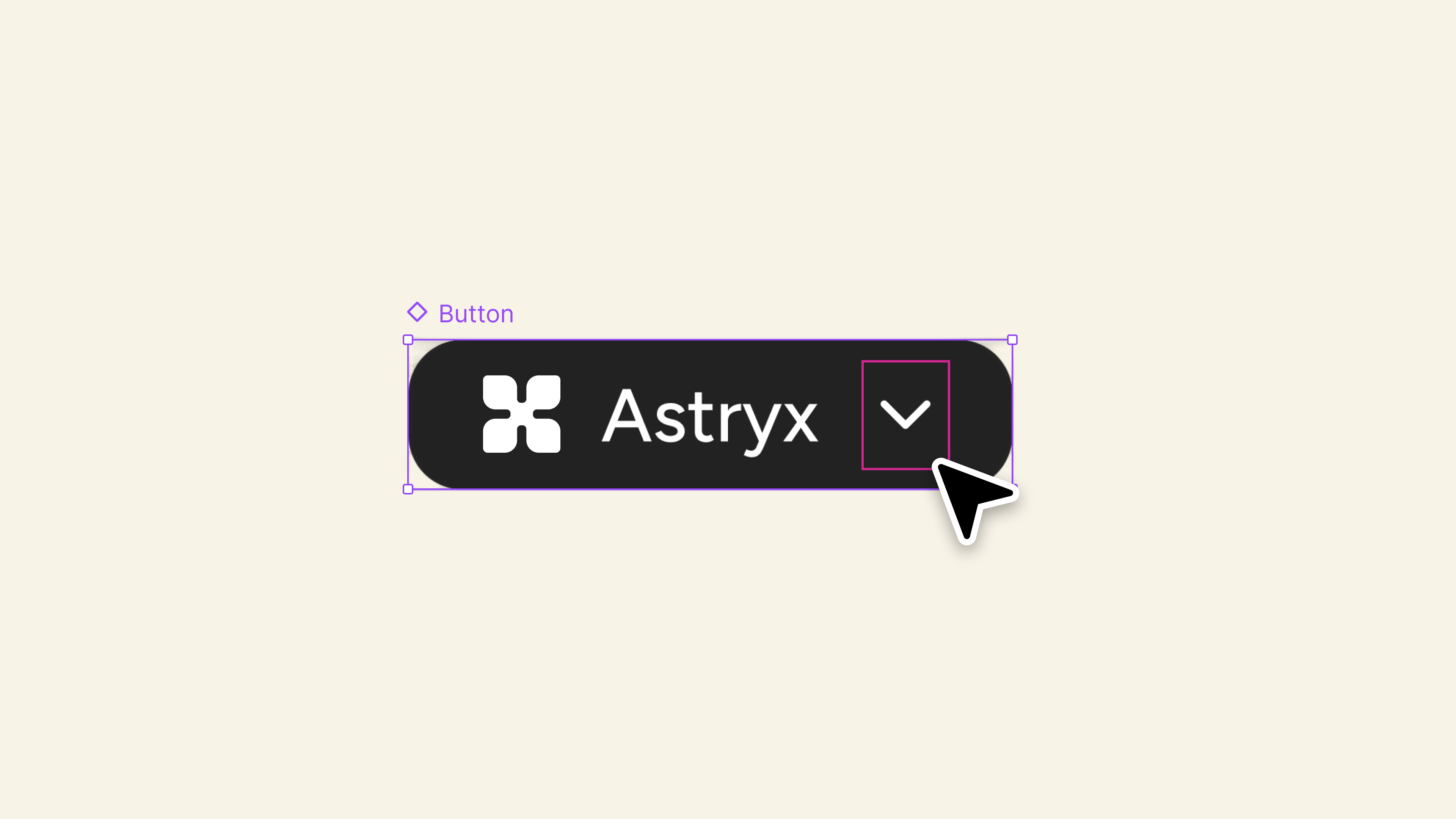A Figma canvas showing an Astryx Button component — a dark, rounded button with the Astryx logo, the word Astryx, and a dropdown chevron — selected with its component boundary and a cursor hovering the chevron
